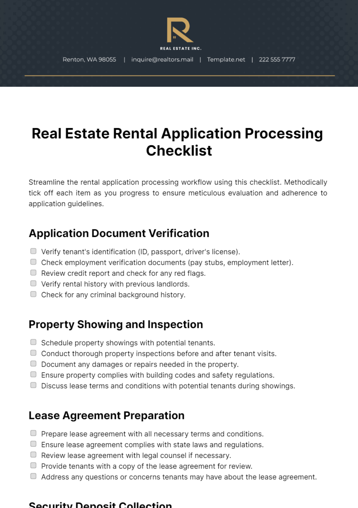 Real Estate Rental Application Processing Checklist Template