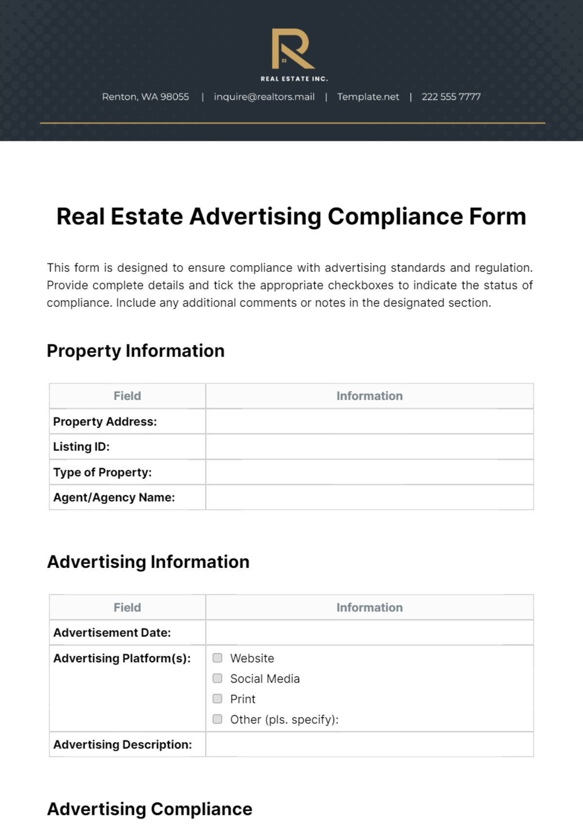 Free Real Estate Advertising Compliance Form Template