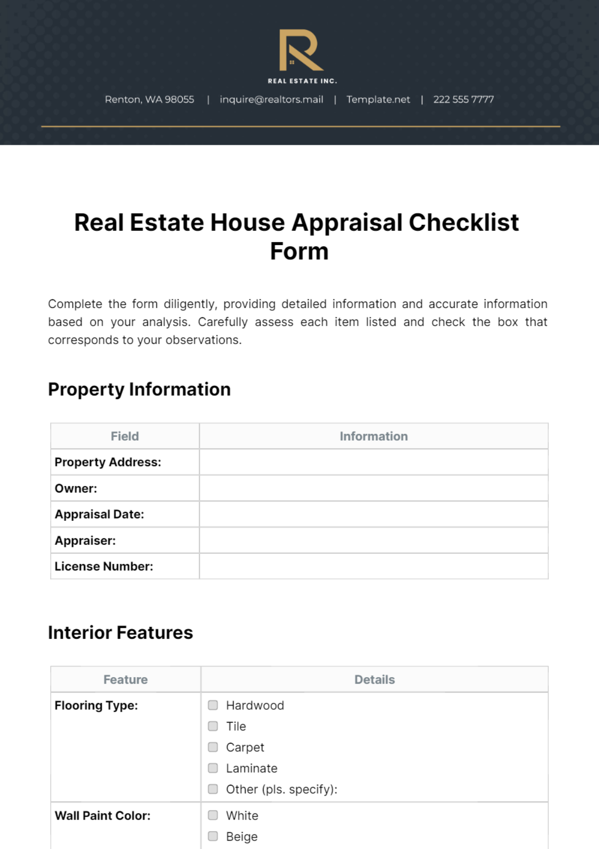 Real Estate House Appraisal Checklist Form Template