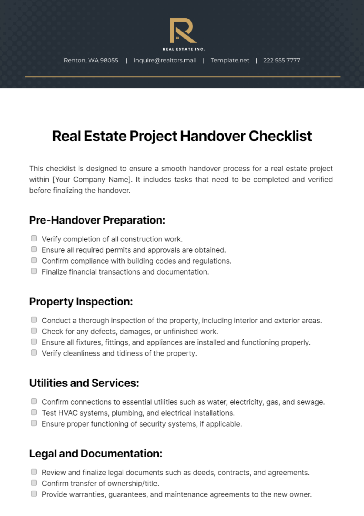 Real Estate Project Handover Checklist Template