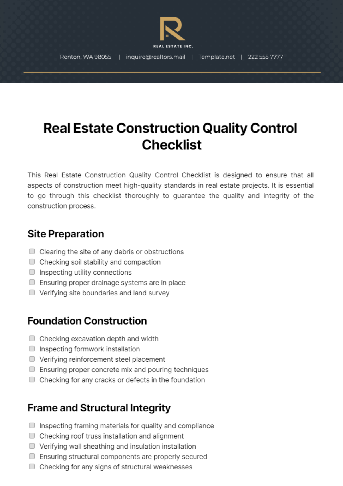 Real Estate Construction Quality Control Checklist Template