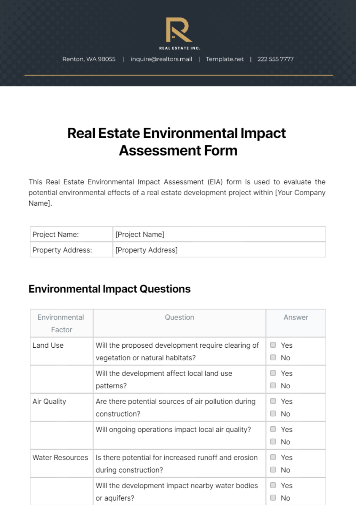 Free Real Estate Environmental Impact Assessment Form Template