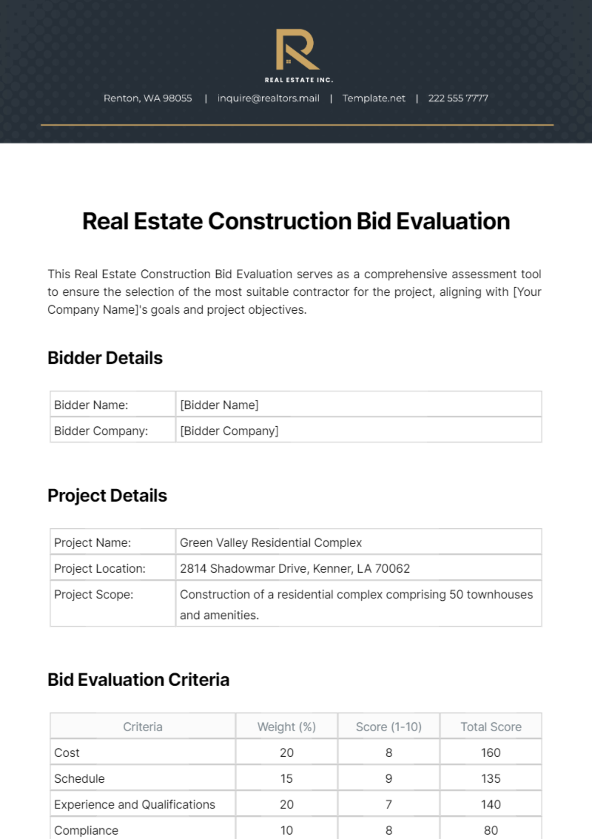 Free Real Estate Construction Bid Evaluation Template