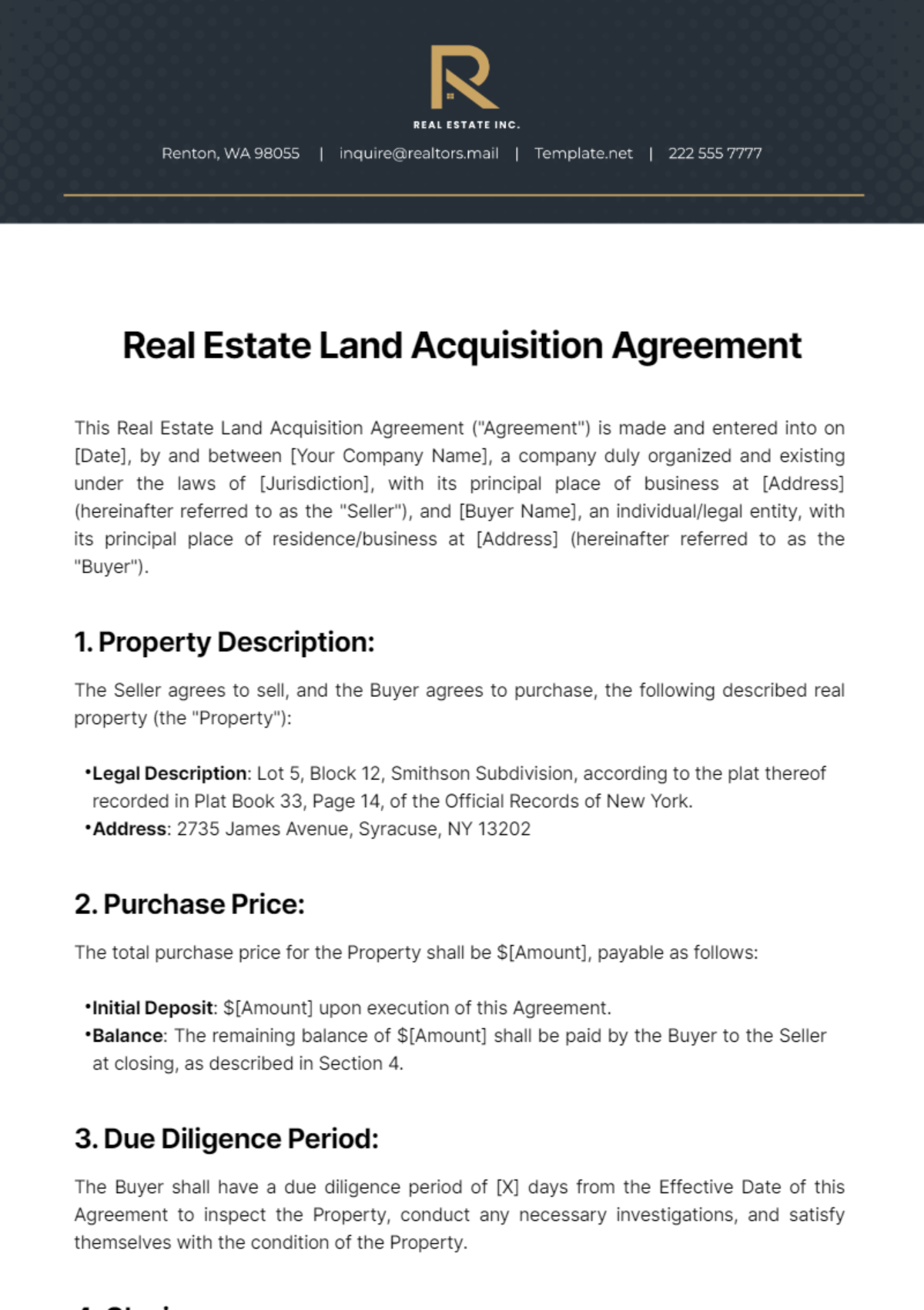Free Real Estate Land Acquisition Agreement Template