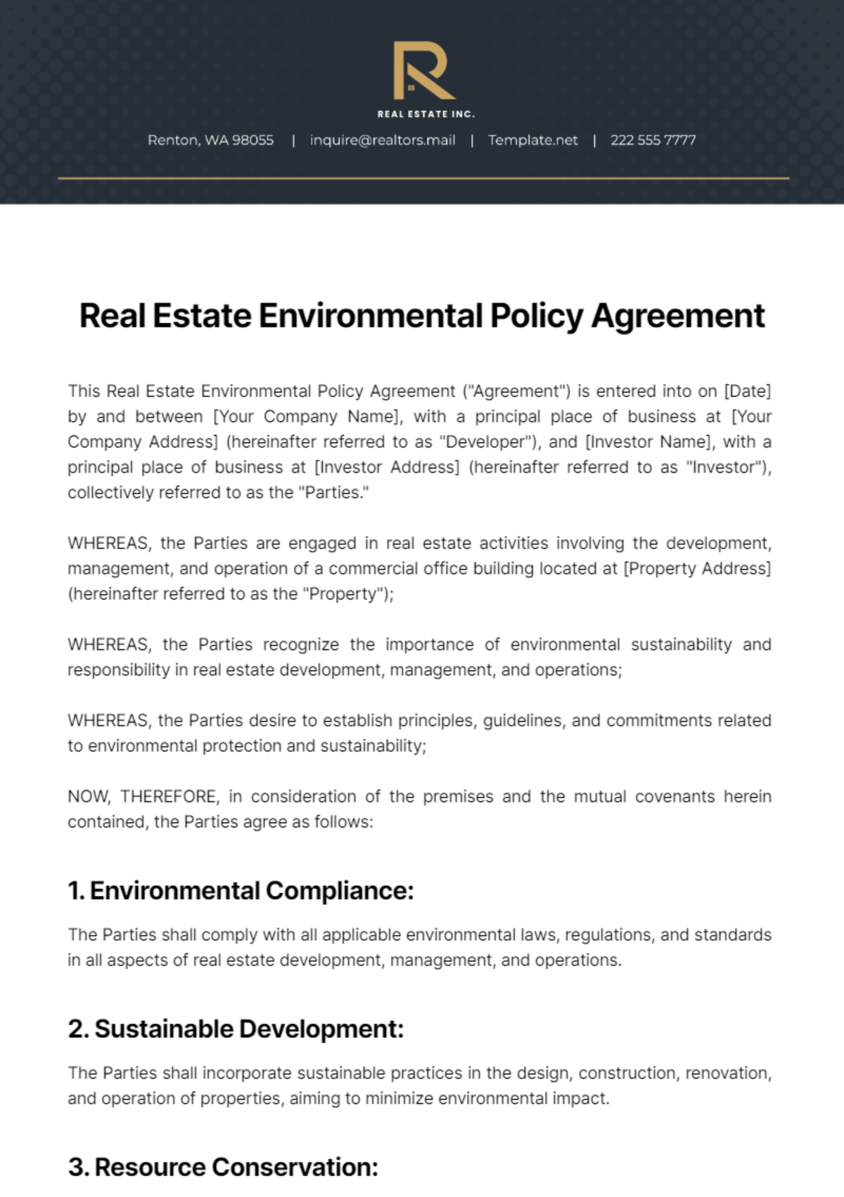 Free Real Estate Environmental Policy Agreement Template