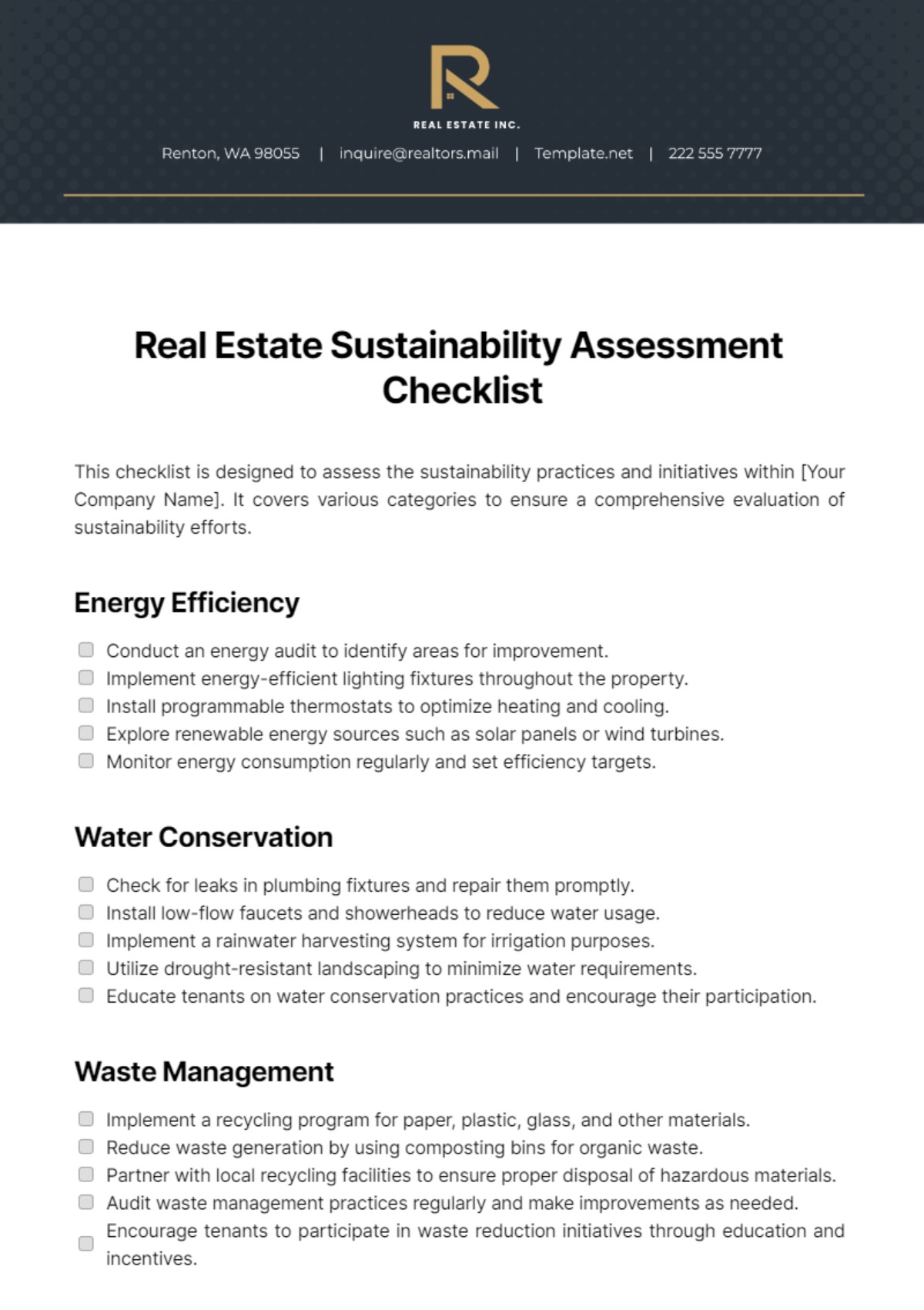 Free Real Estate Sustainability Assessment Checklist Template