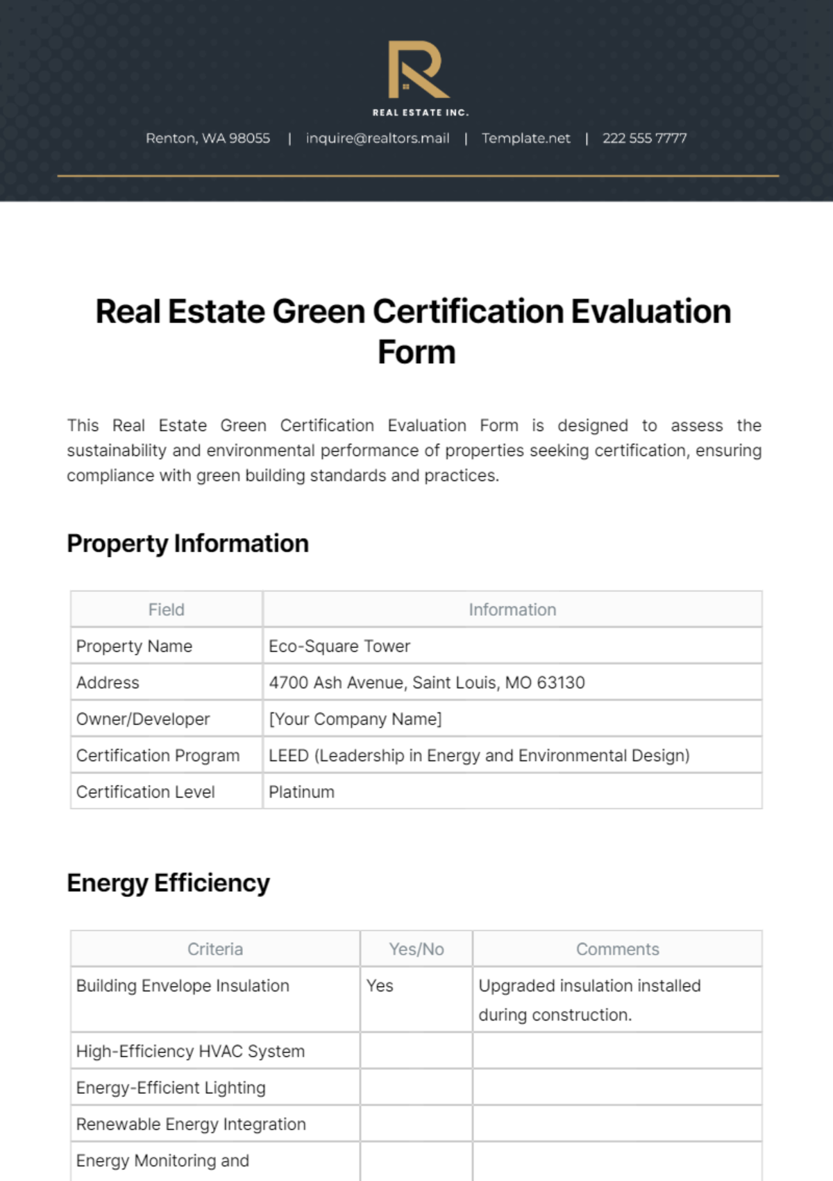 Free Real Estate Green Certification Evaluation Form Template