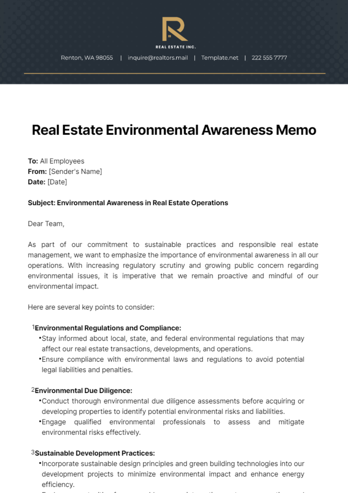 Free Real Estate Environmental Awareness Memo Template