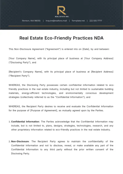 Free Real Estate Eco-Friendly Practices NDA Template to Edit Online