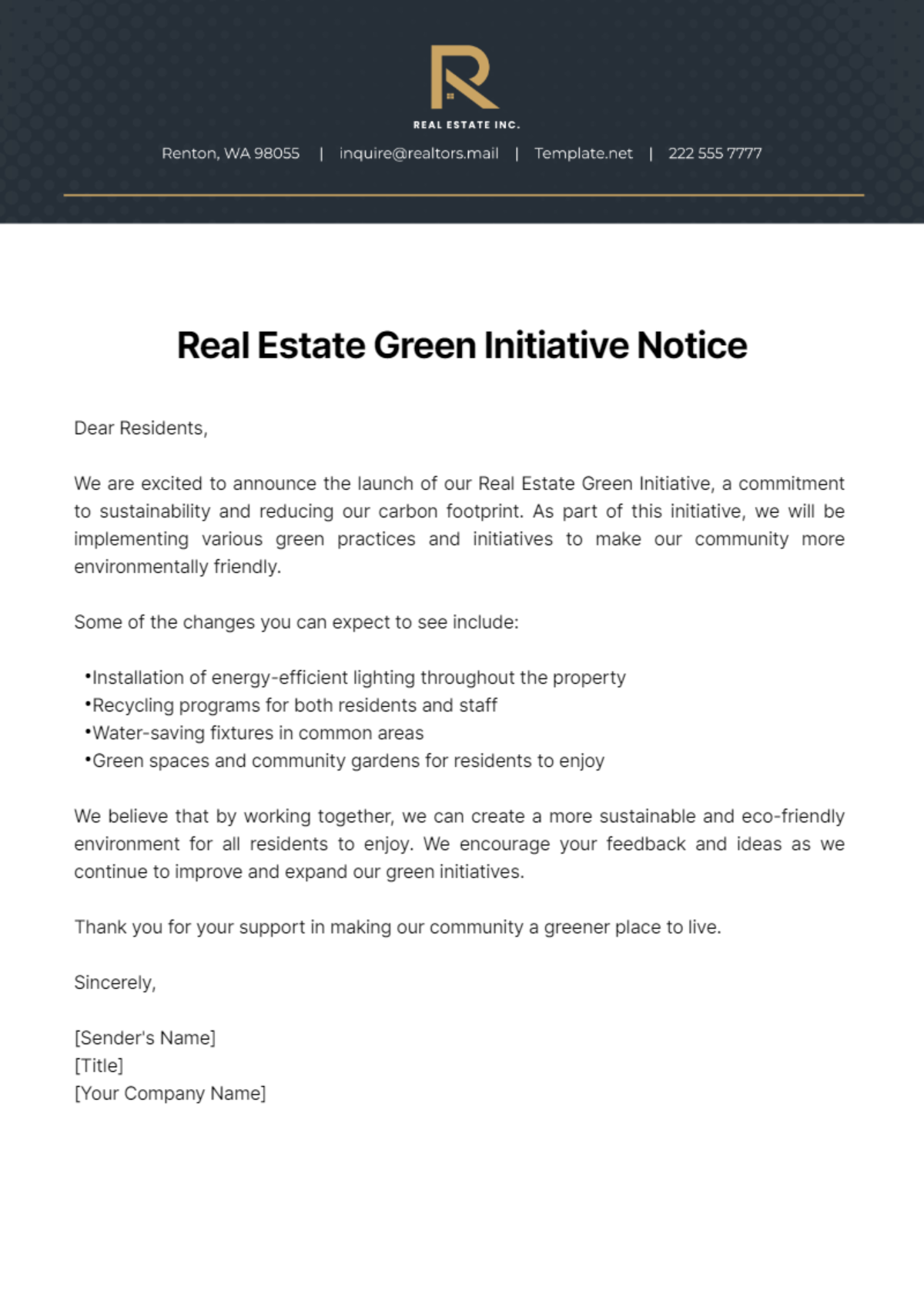 Real Estate Green Initiative Notice Template