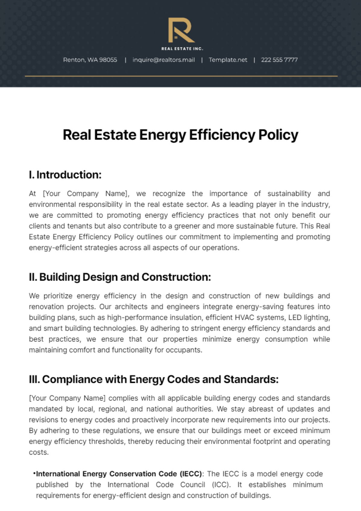 Free Real Estate Energy Efficiency Policy Template