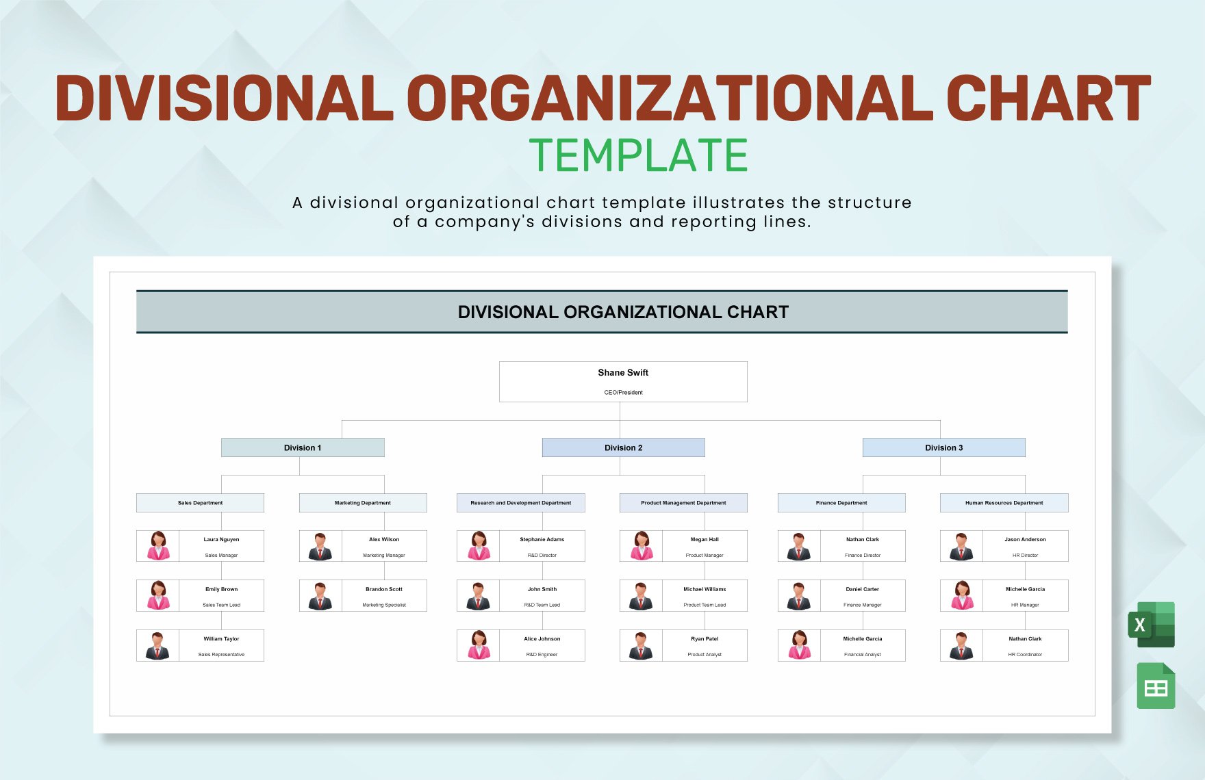 Divisional Organizational Chart Template in Excel, Google Sheets