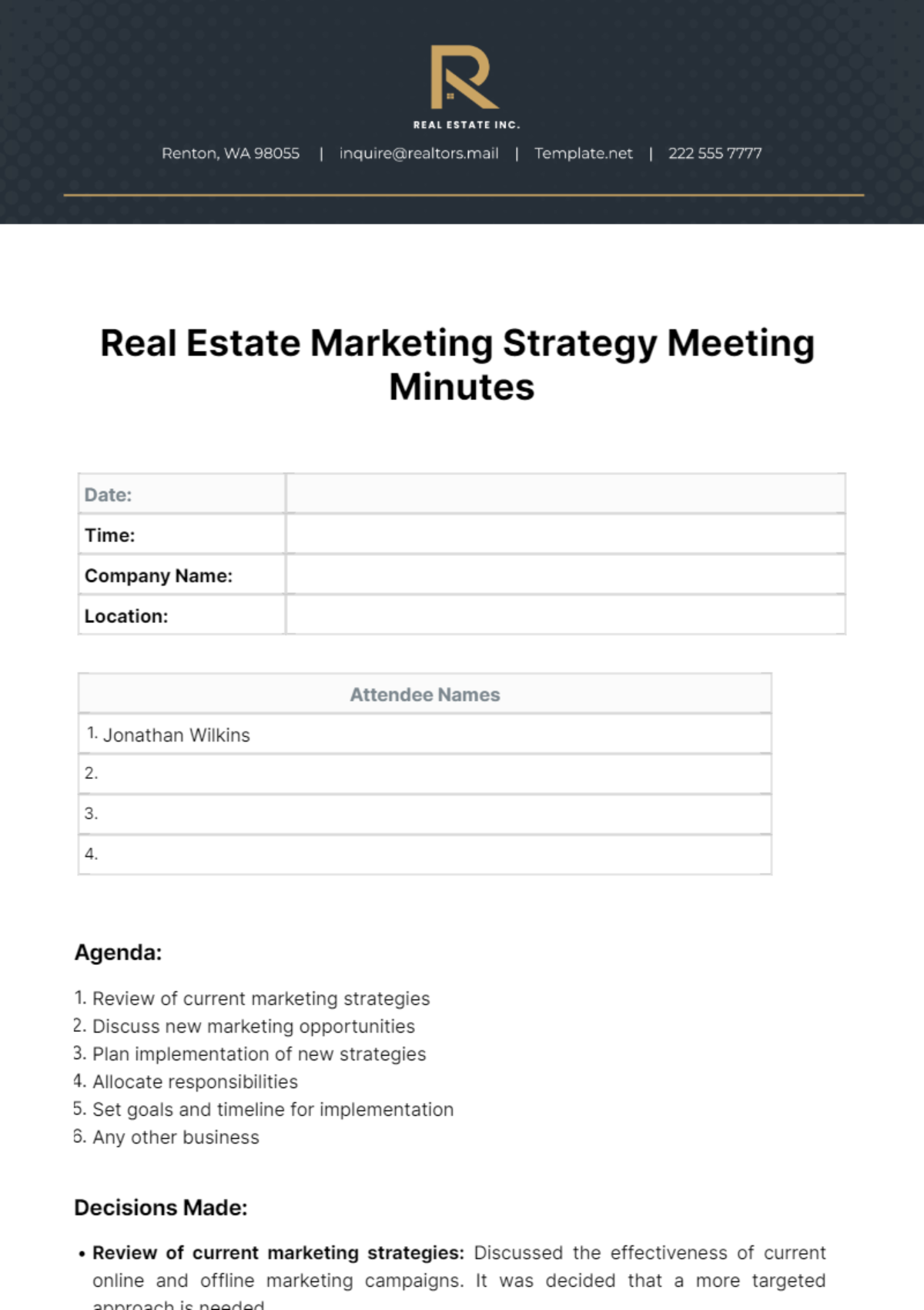 Free Real Estate Marketing Strategy Meeting Minute Template