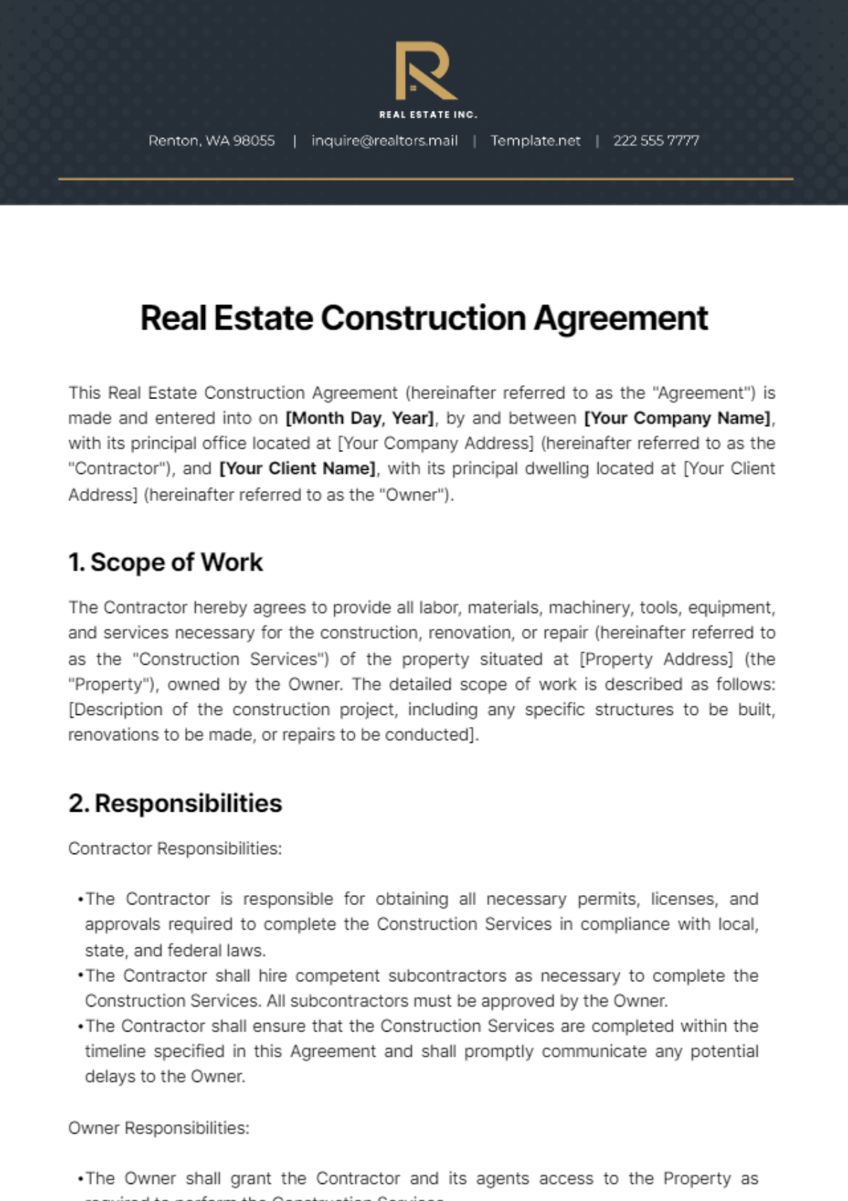Real Estate Construction Agreement Template