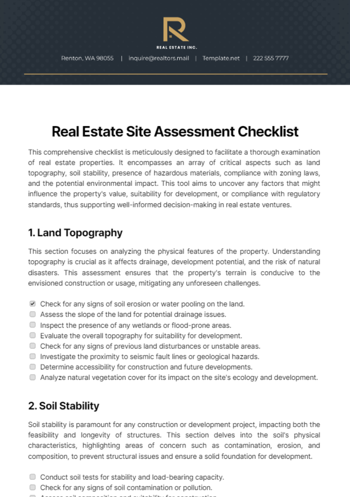 Real Estate Site Assessment Checklist Template