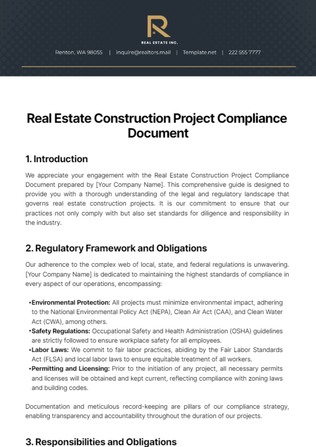 Free Real Estate Construction Project Compliance Document Template