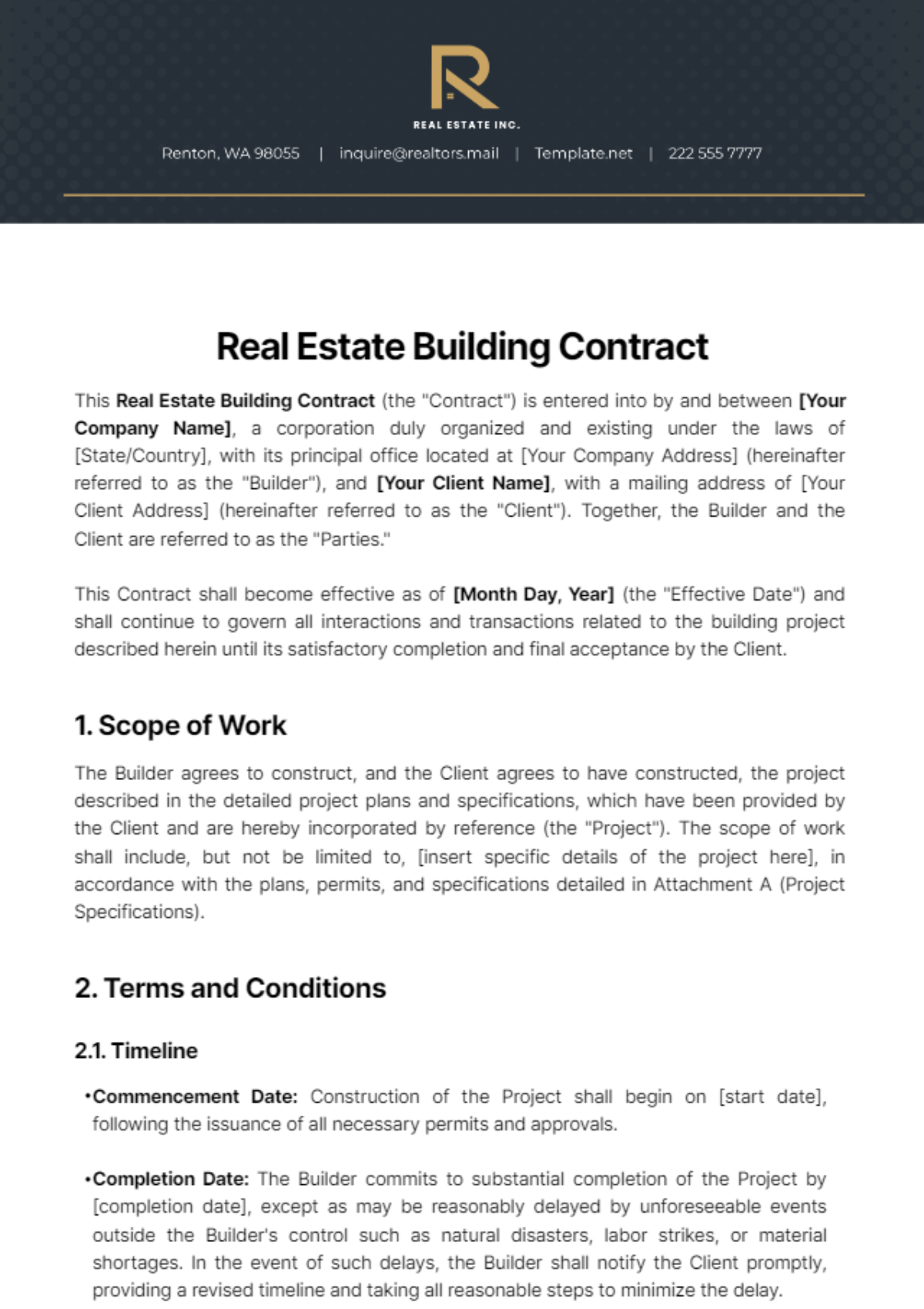 Free Real Estate Building Contract Template