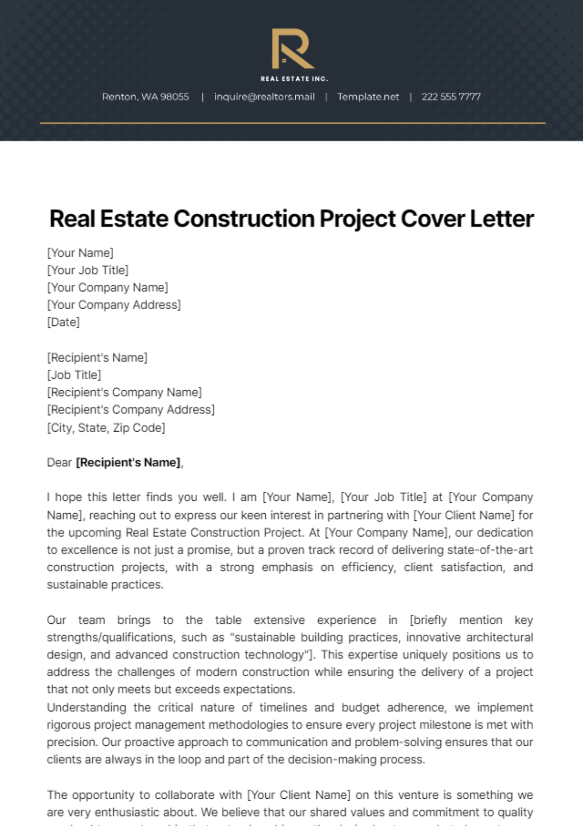 Free Real Estate Construction Project Cover Letter Template