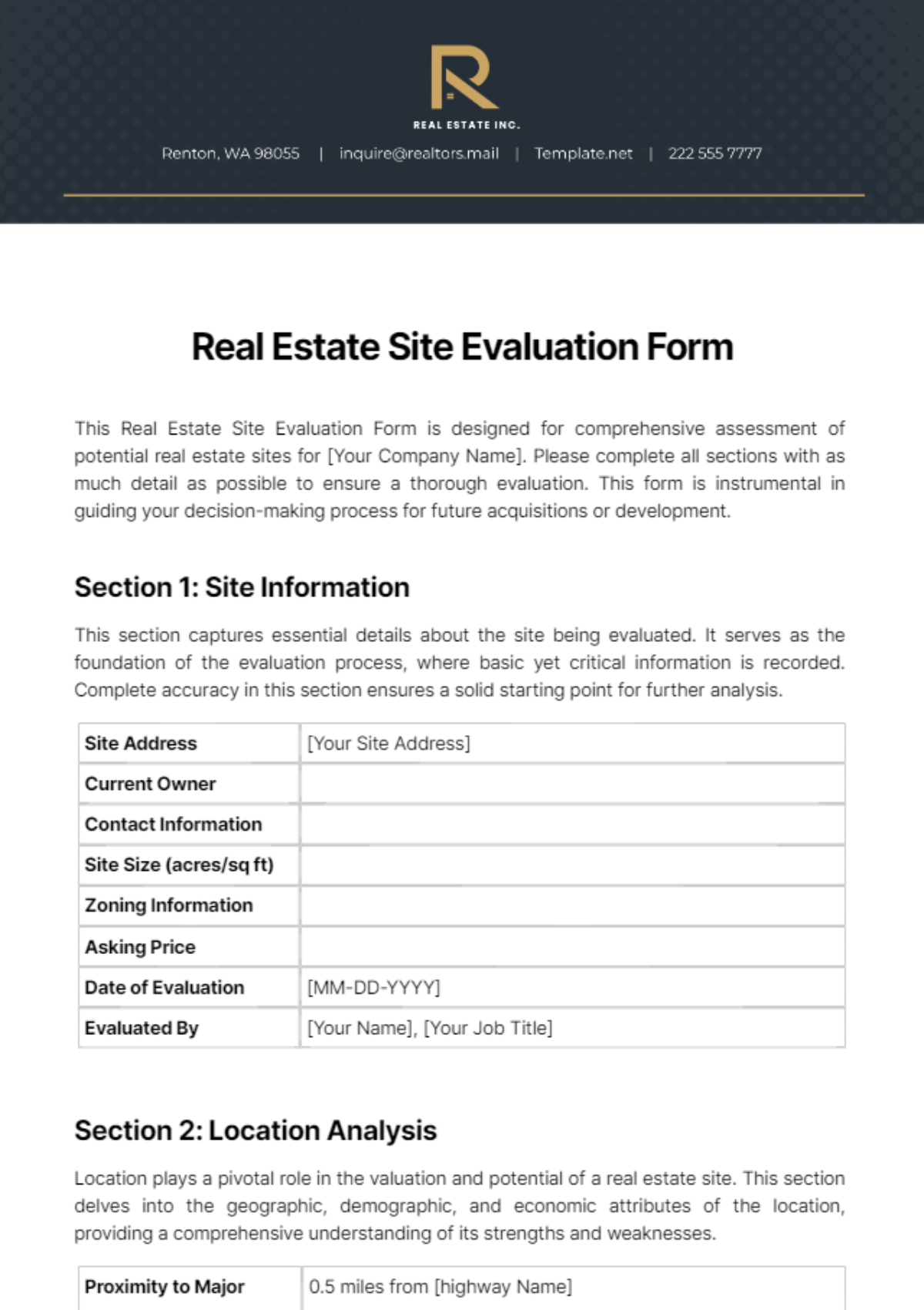 Free Real Estate Site Evaluation Form Template
