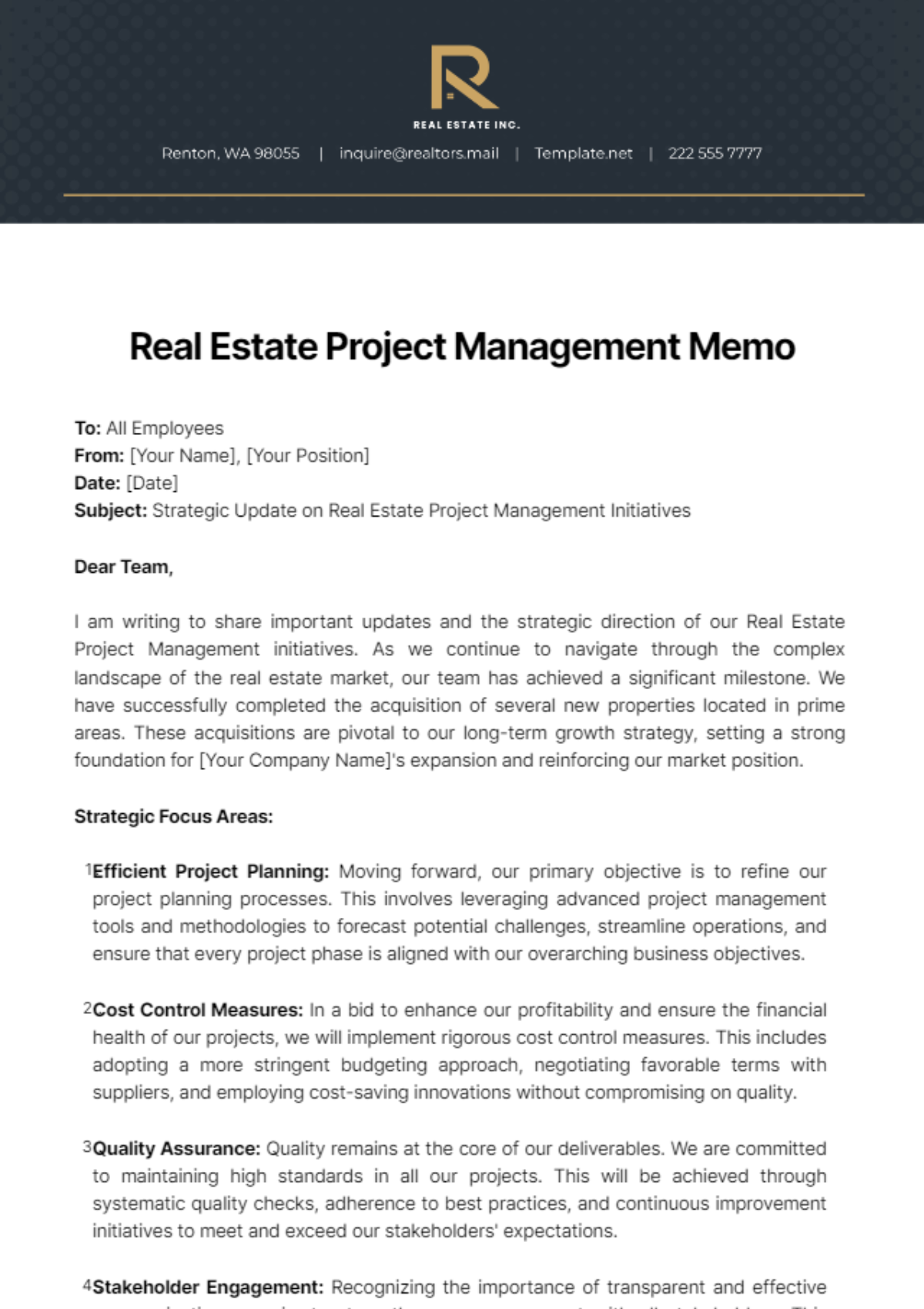 Real Estate Project Management Memo Template