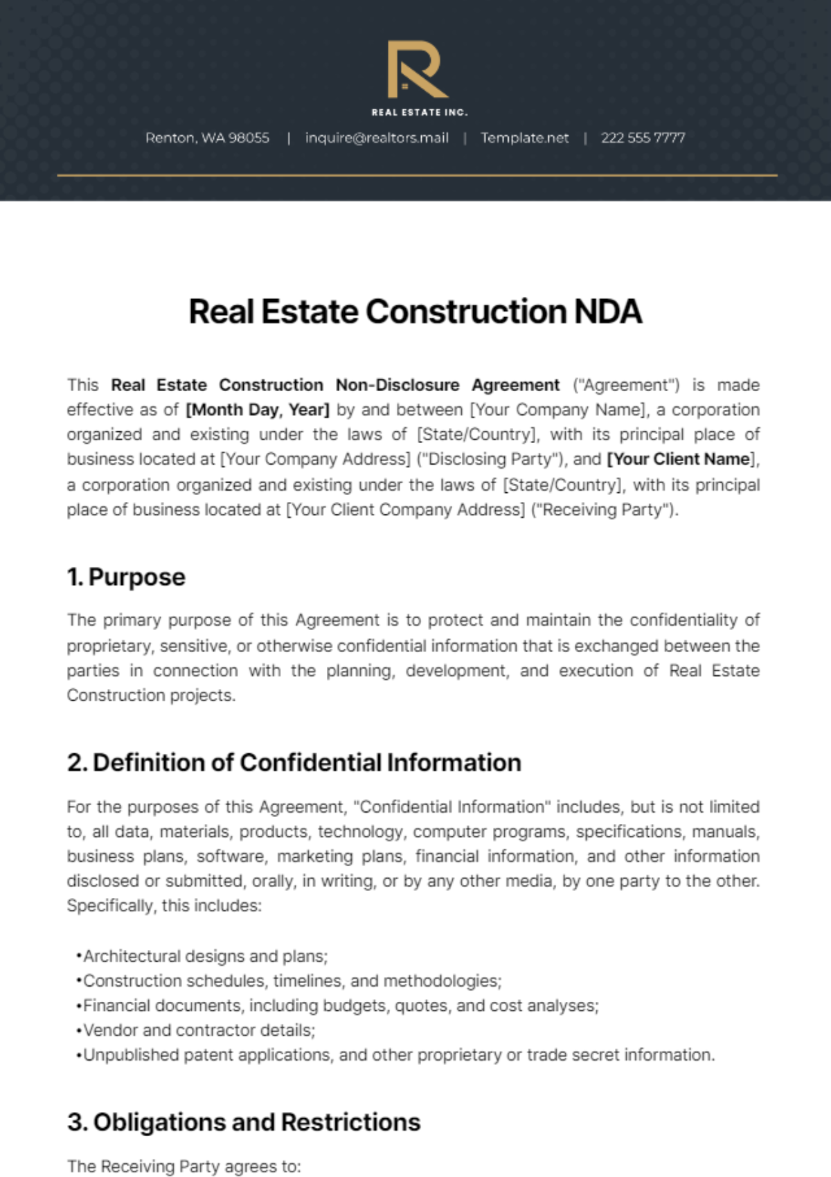 Free Real Estate Construction NDA Template
