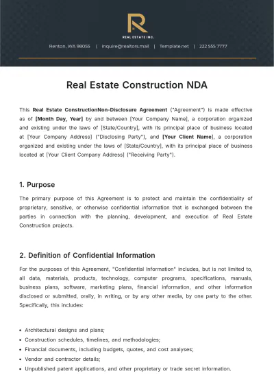 Free Real Estate Construction NDA Template to Edit Online
