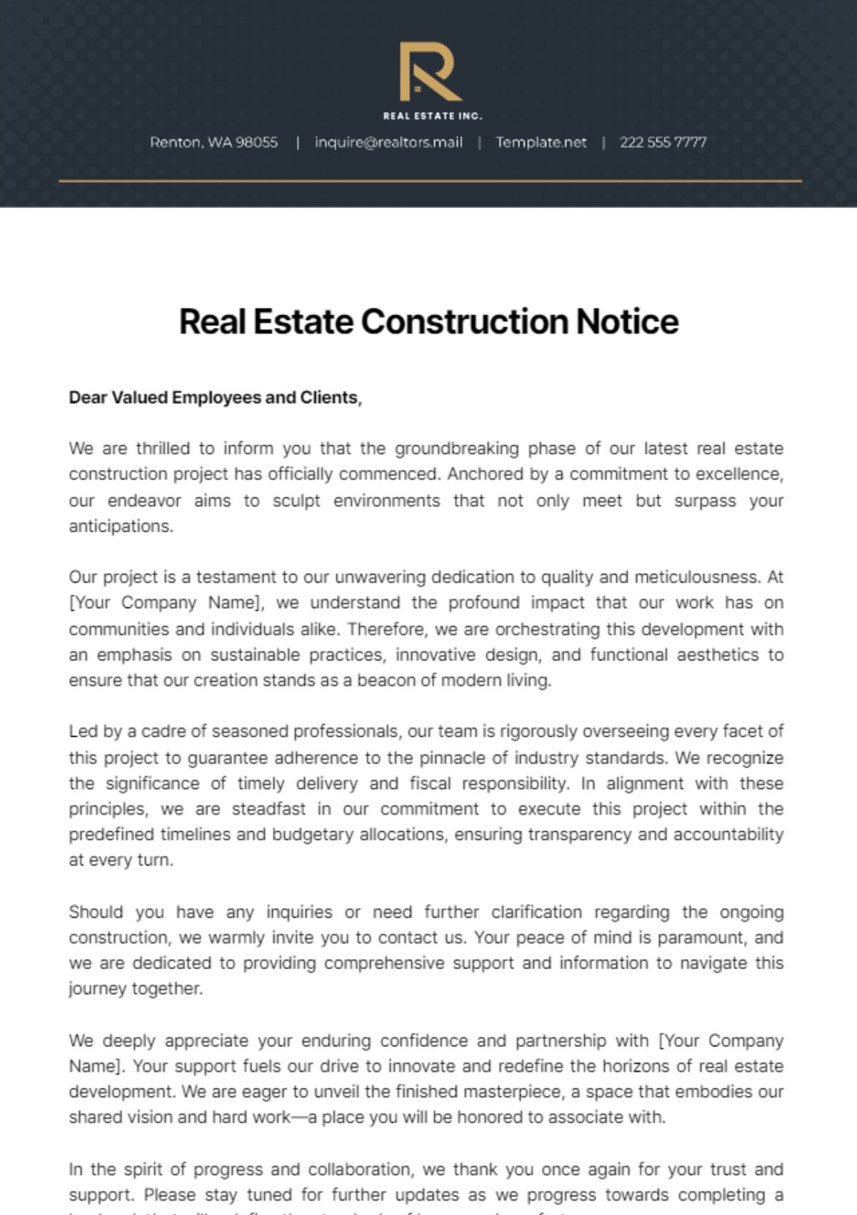 Real Estate Construction Notice Template