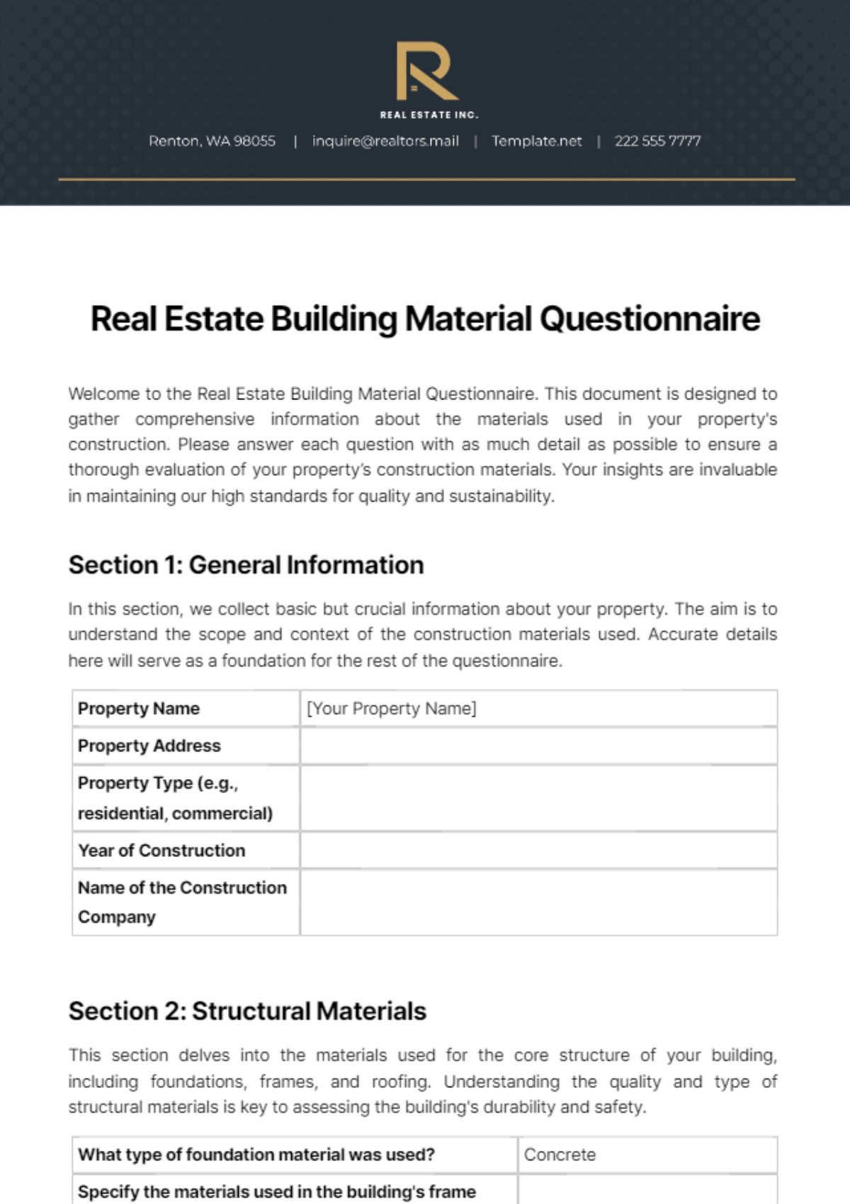Free Real Estate Building Material Questionnaire Template