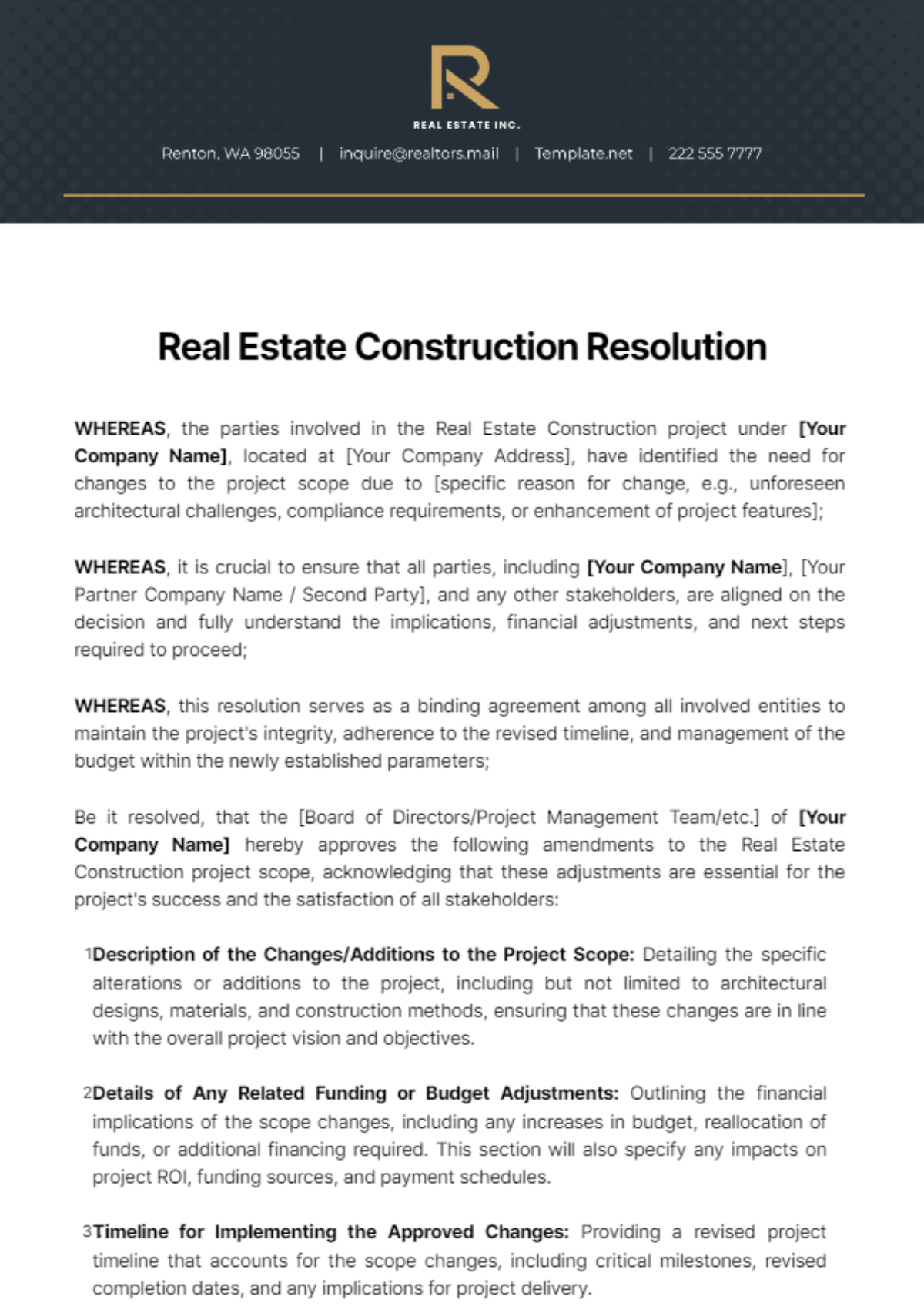 Real Estate Construction Resolution Template