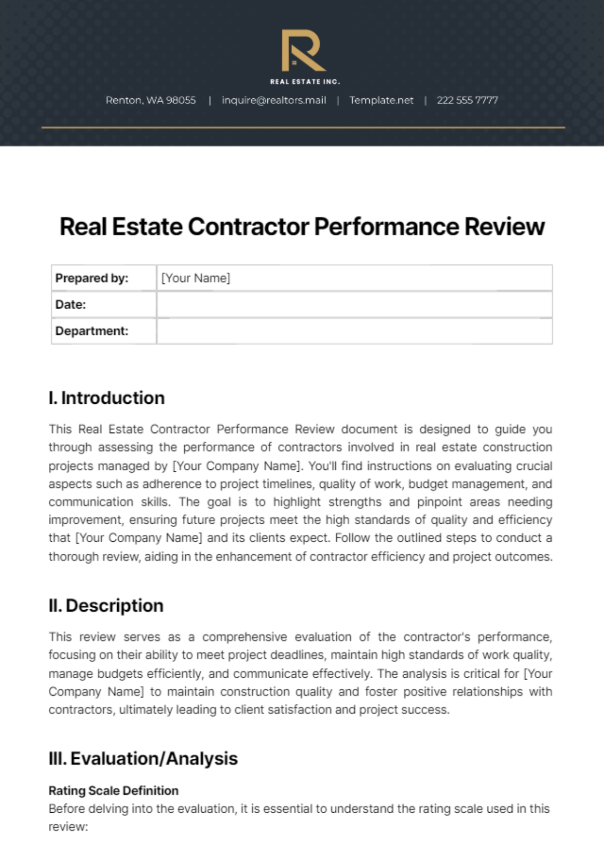Free Real Estate Contractor Performance Review Template