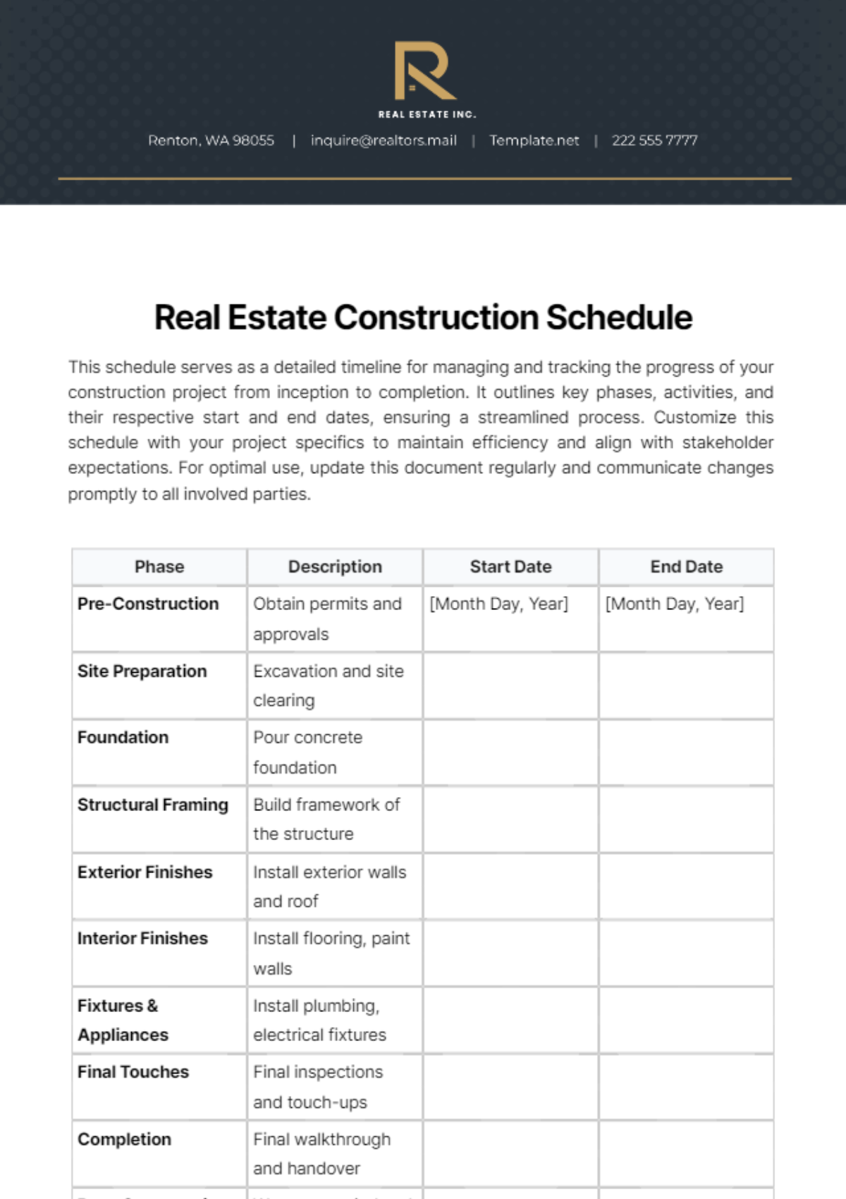 Real Estate Construction Schedule Template