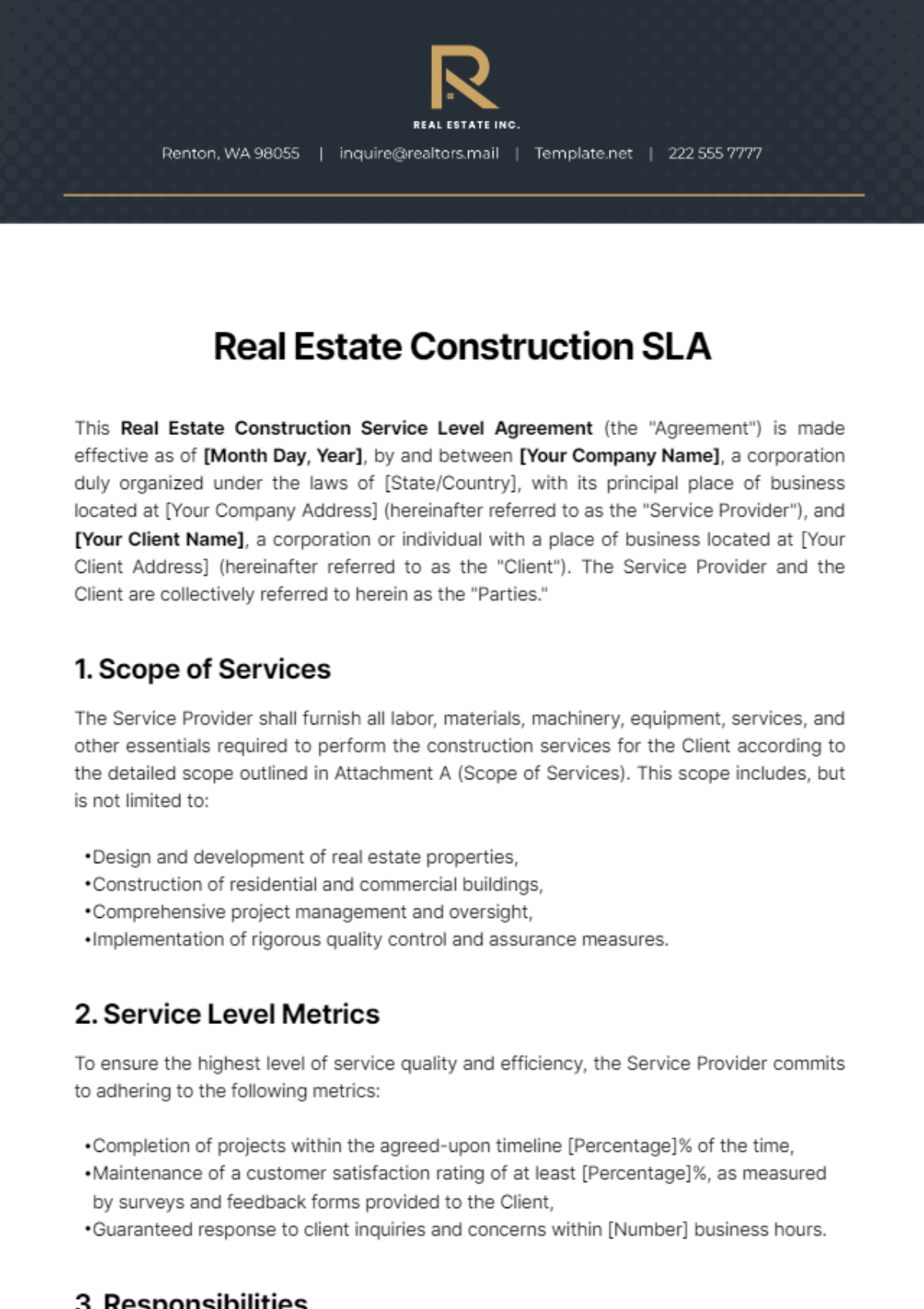 Free Real Estate Construction SLA Template
