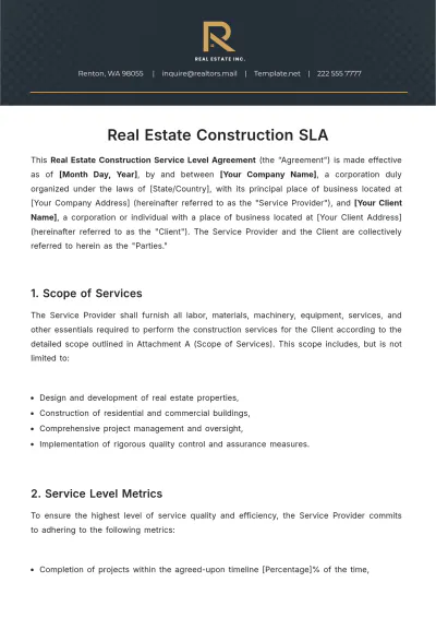 Free Real Estate Construction SLA Template to Edit Online