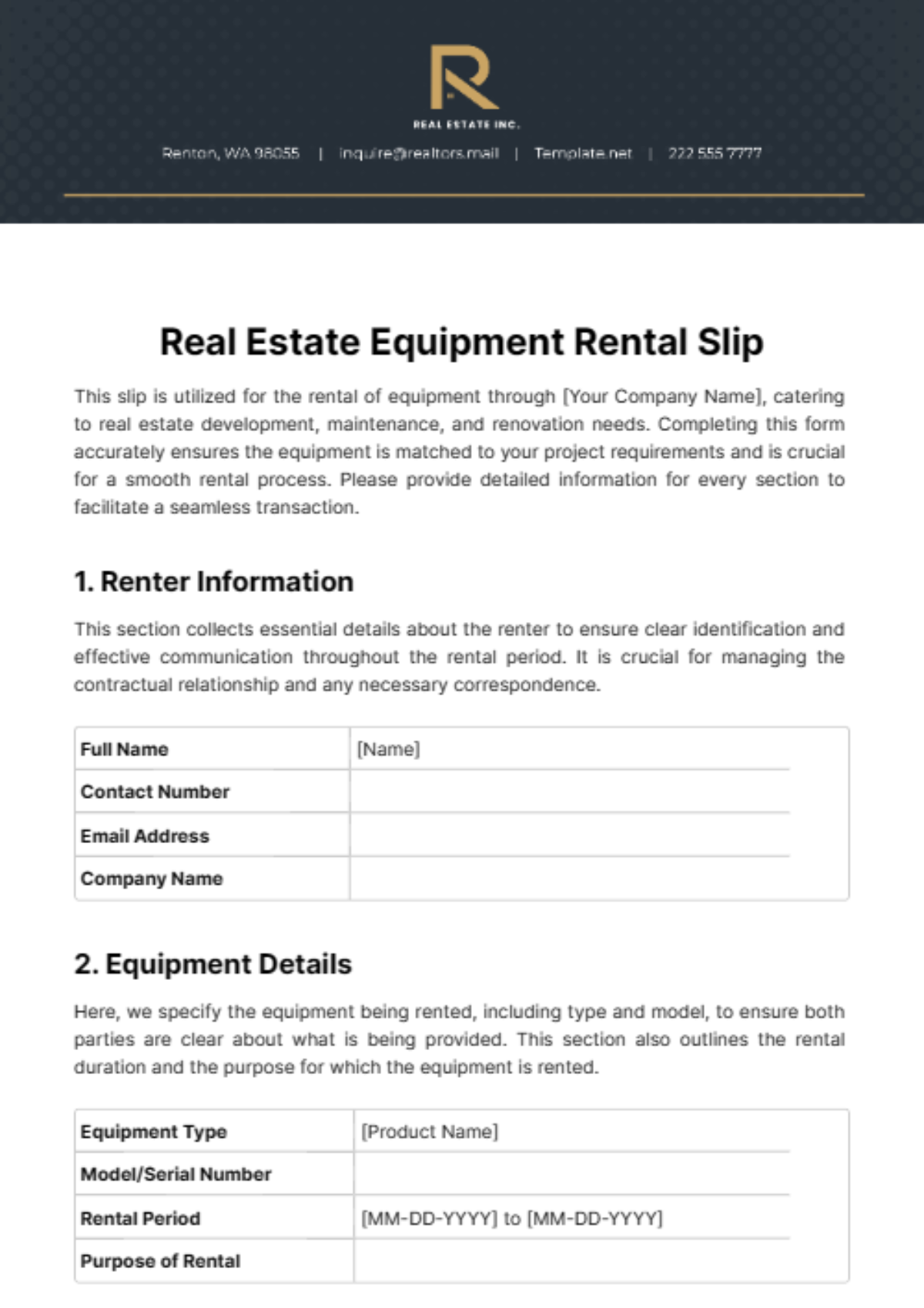 Free Real Estate Equipment Rental Slip Template