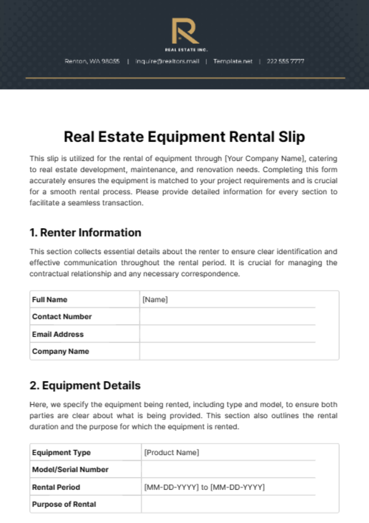 Real Estate Equipment Rental Slip Template - Edit Online & Download