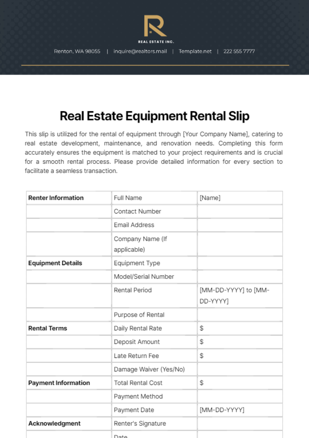 Real Estate Equipment Rental Slip Template