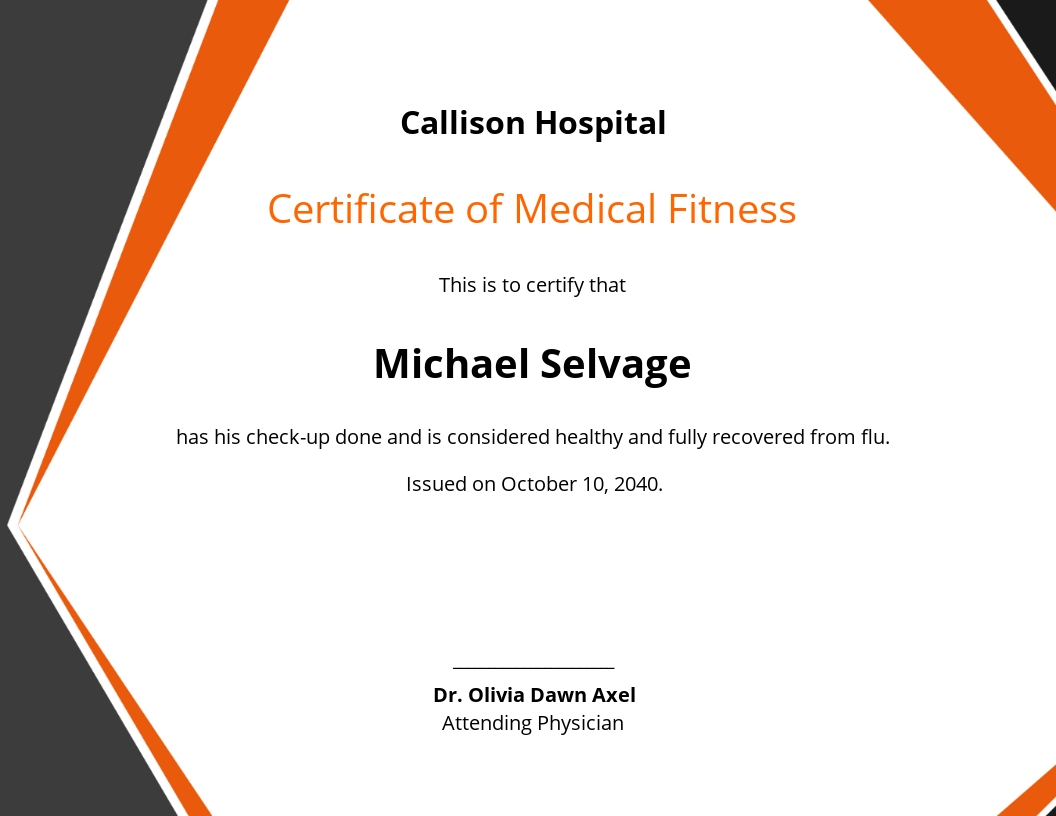 Free Medical Fitness Certificate Format Template - Google Docs, Illustrator, InDesign, Word, Apple Pages, PSD, Publisher