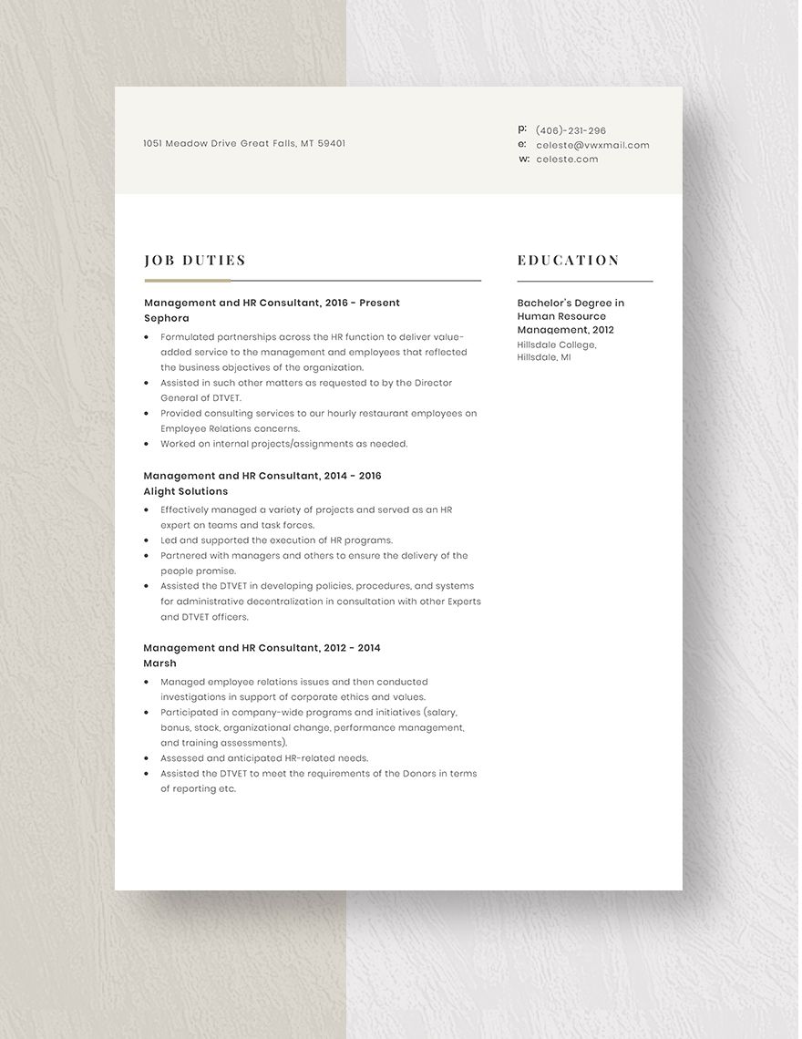 Management and HR Consultant Resume