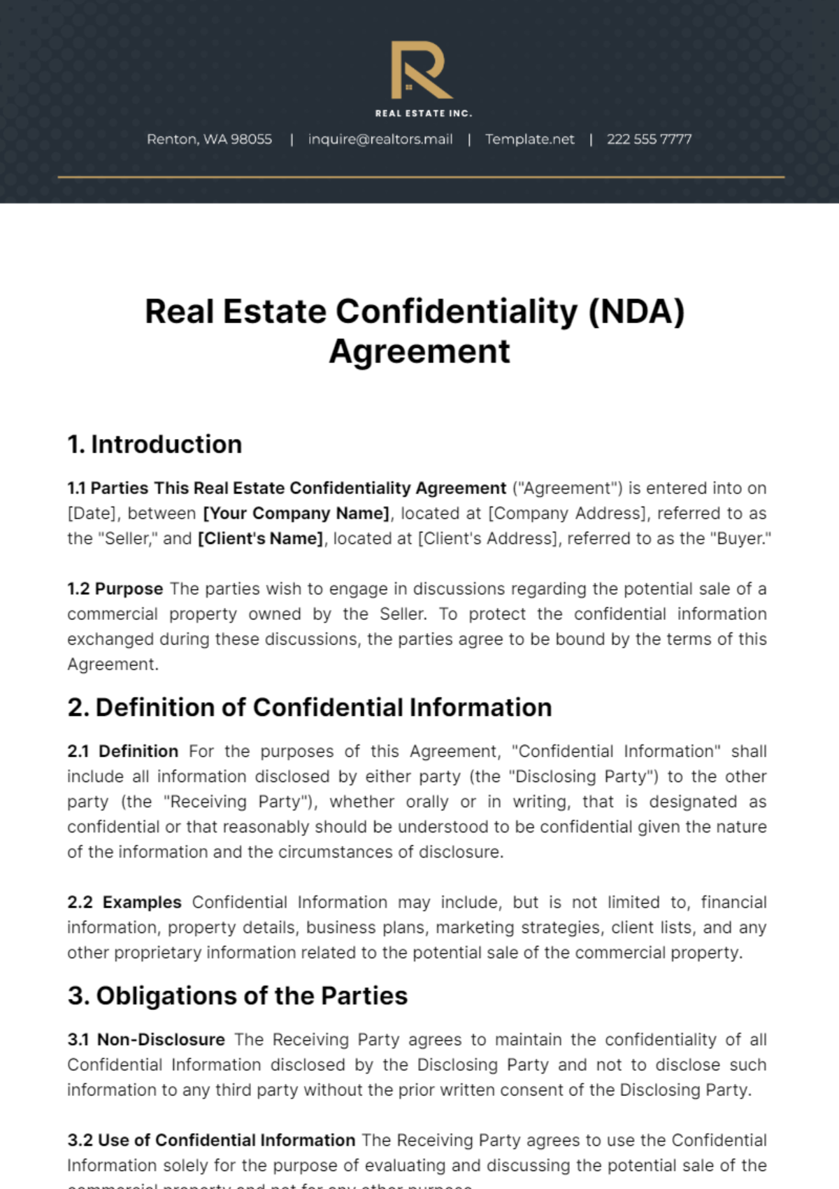 Free Real Estate Confidentiality (NDA) Agreement Template
