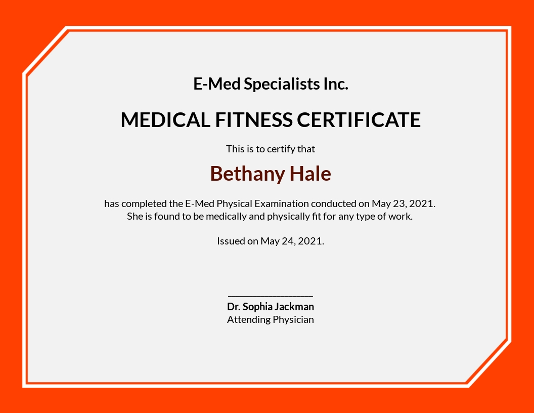 Medical Fitness Sample Certificate Template - Google Docs, Word