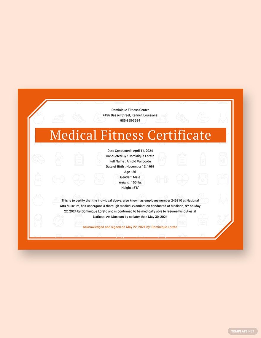 Medical Fitness Sample Certificate Template in Google Docs, Word, Pages - Download | Template.net