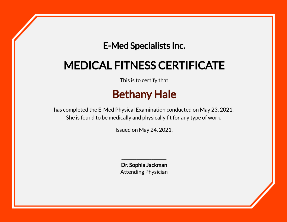 Medical Fitness Sample Certificate Template