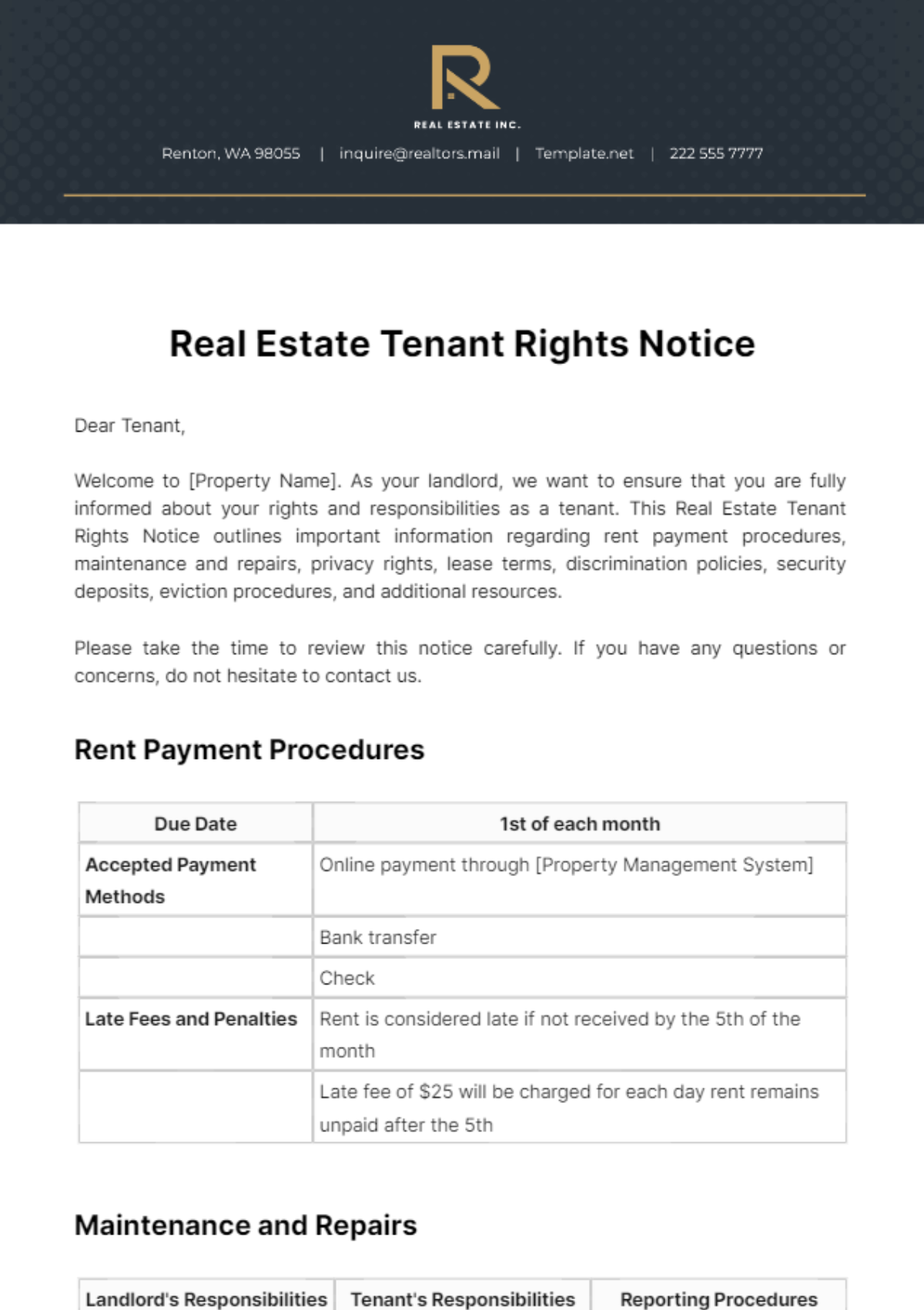 Free Real Estate Tenant Rights Notice Template