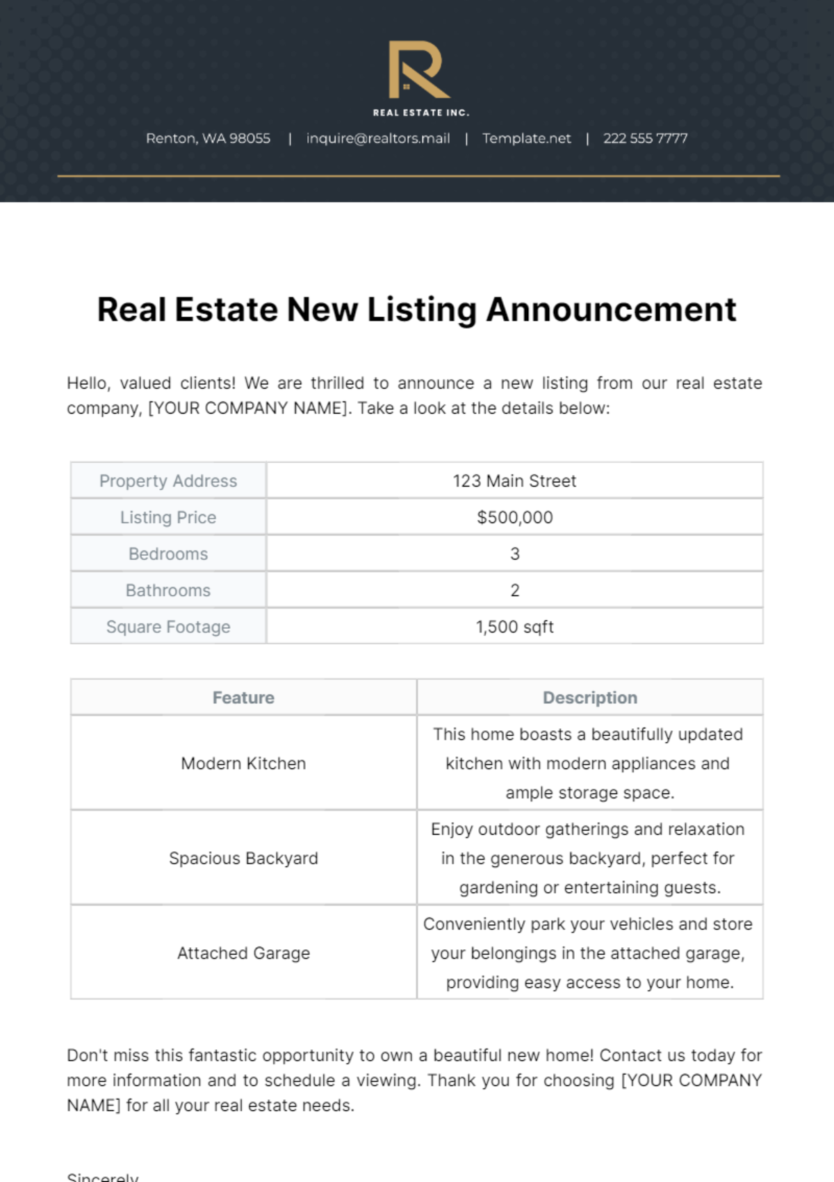 Free Real Estate New Listing Announcement Template