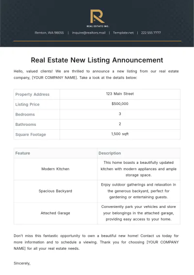 Free Real Estate New Listing Announcement Template to Edit Online