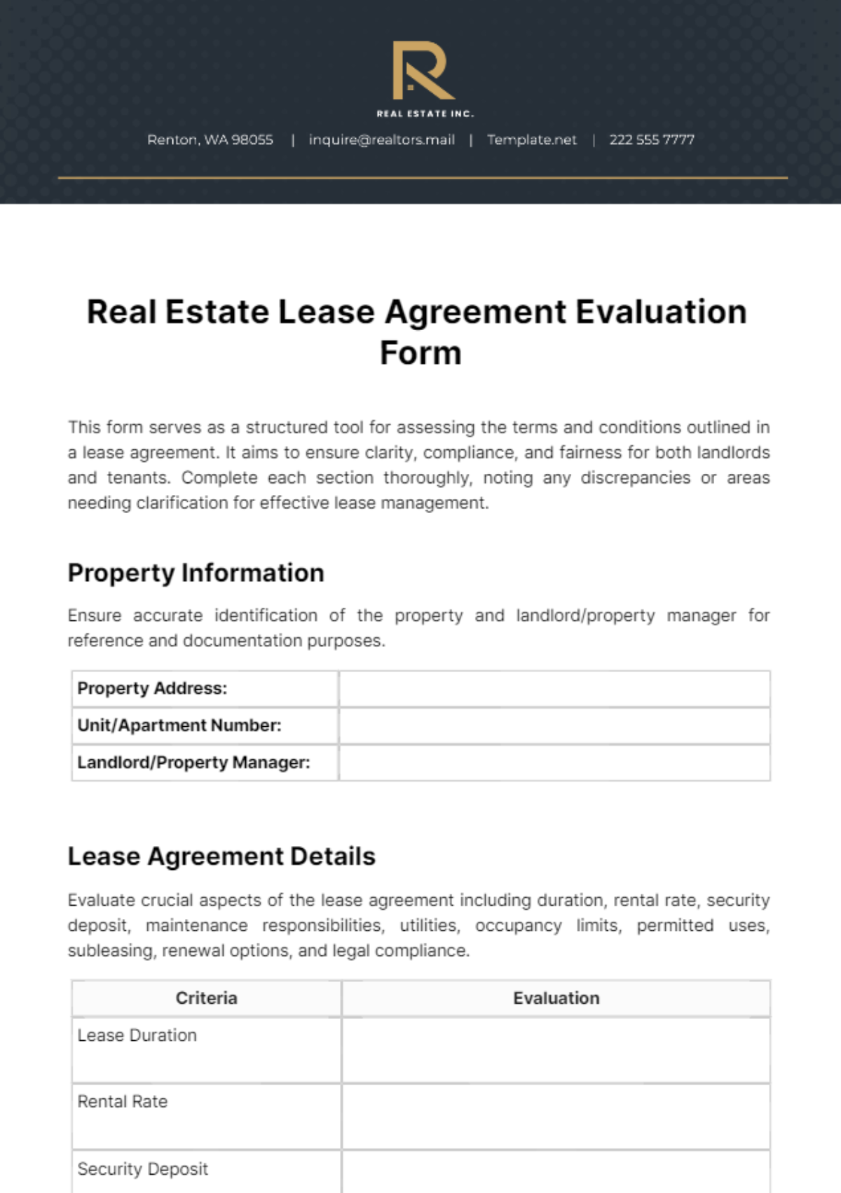 Free Real Estate Lease Agreement Evaluation Form Template