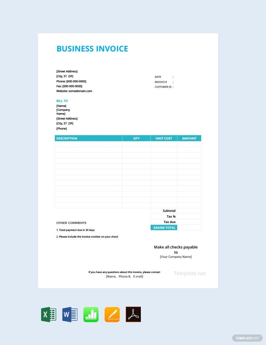 FREE Small Business Invoice Template - Download in Word, Google Docs, Excel,  PDF, Google Sheets, Illustrator, Photoshop, Apple Pages, Publisher, InDesign,  Apple Numbers, Adobe XD