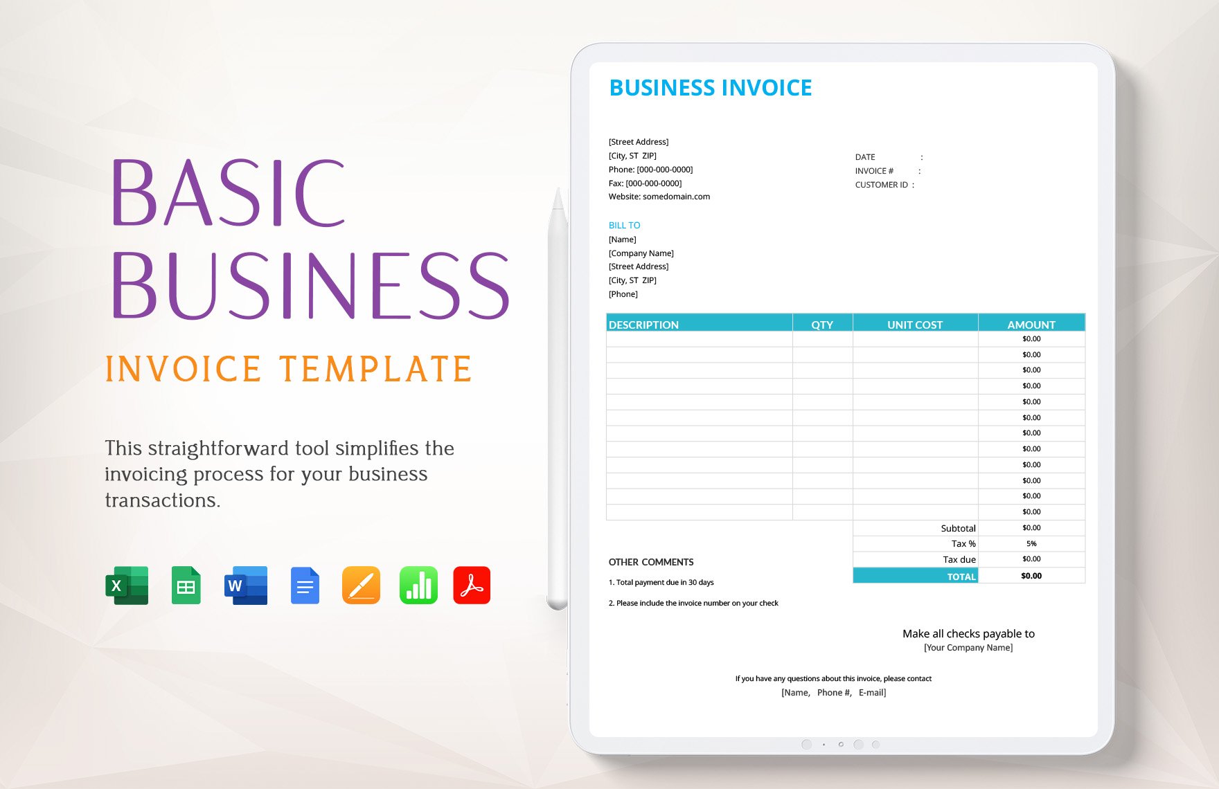 Free Basic Business Invoice Template in Word, Google Docs, Excel, PDF, Google Sheets, Apple Pages, Apple Numbers