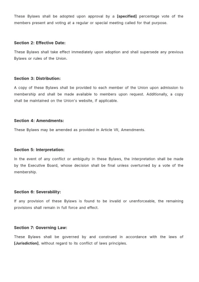 Free Union Bylaws Template to Edit Online
