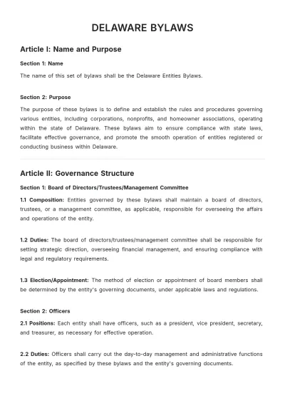 Free Delaware Bylaws Template to Edit Online